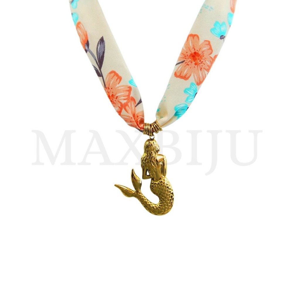 Fabric Necklace with Clasp and Stainless Steel Mermaid Pendant – 50cm