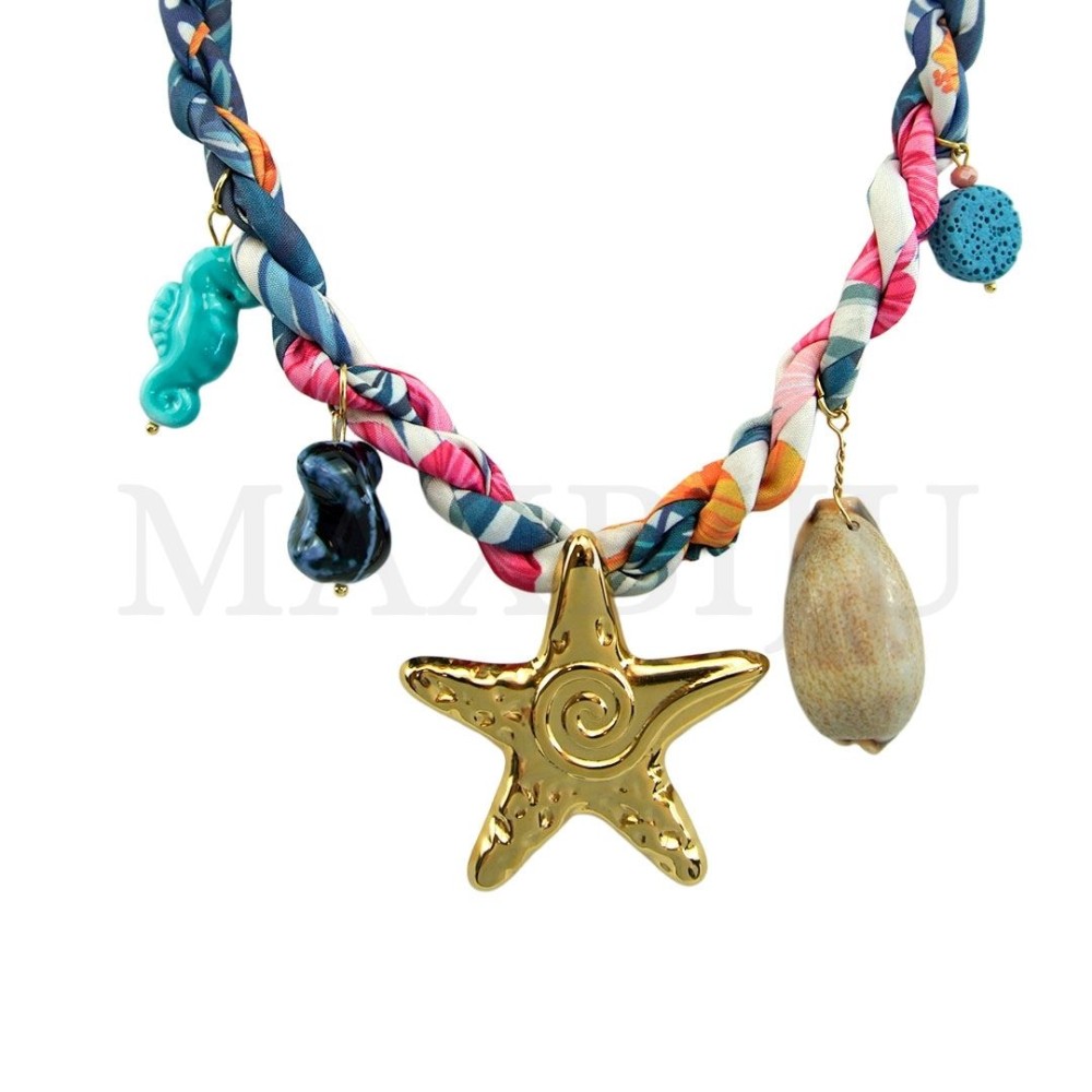 Fabric Necklace with Clasp and Stainless Steel Starfish Pendant  – 50cm