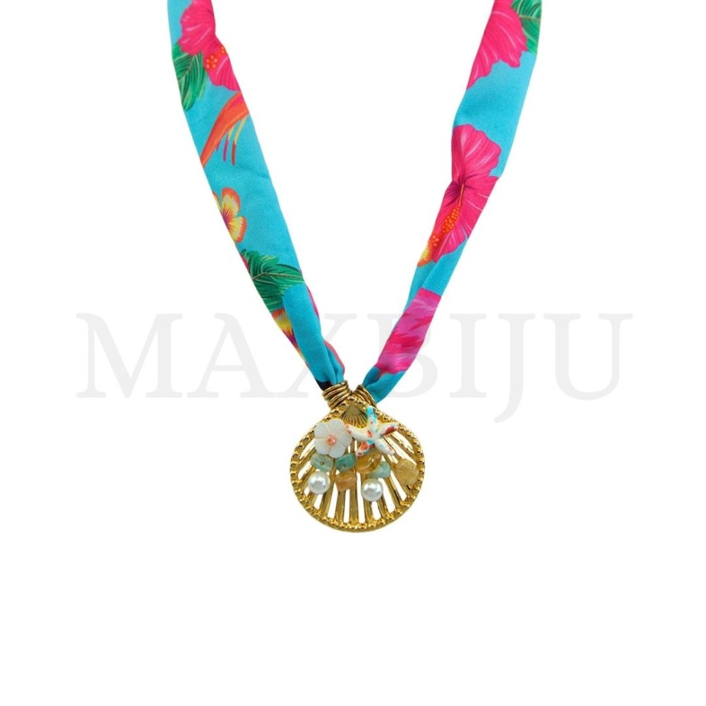Fabric Necklace with Clasp and Stainless Steel Shell Pendant - 50cm