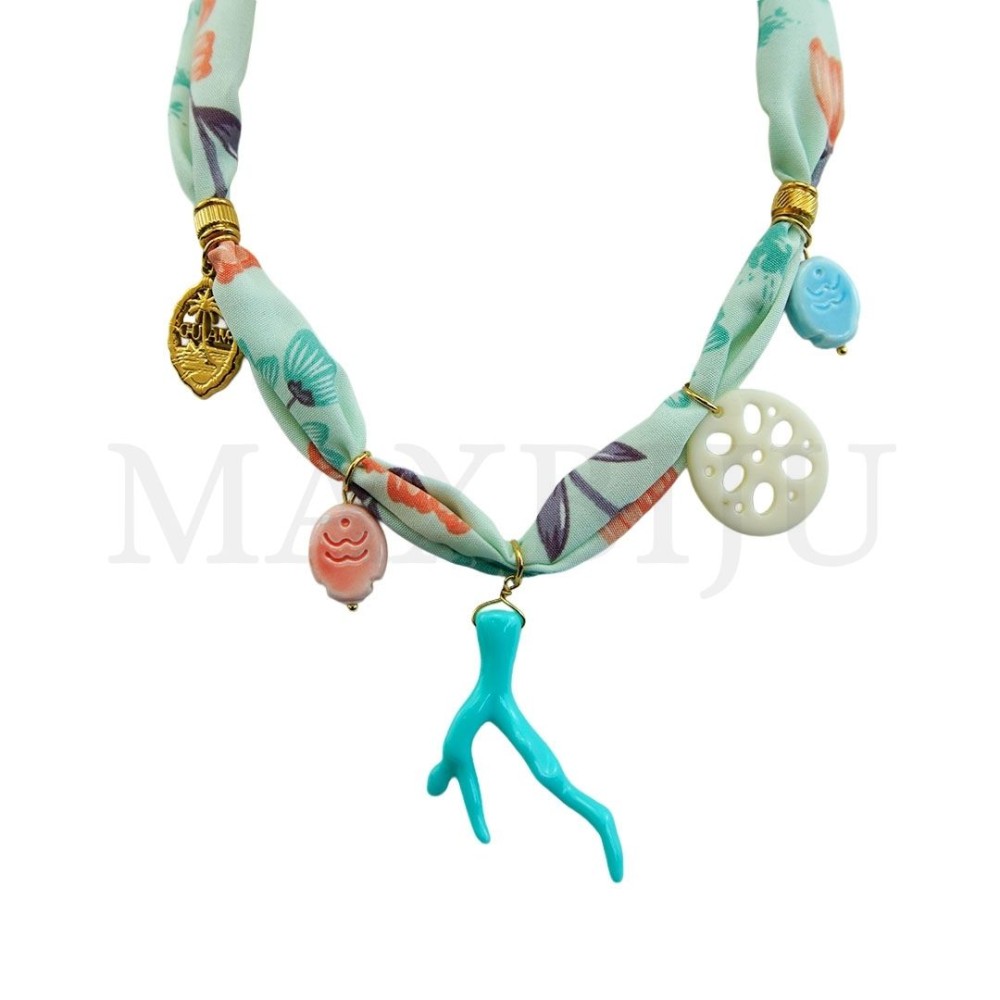 Fabric Necklace with a Steel Clasp and Resin and Stainless Steel Pendants- 50cm