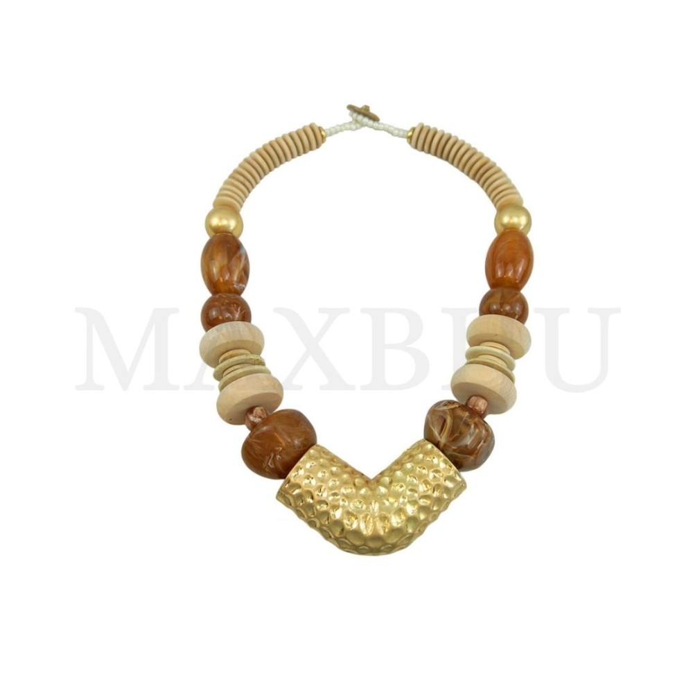 Resin and Wood Necklace with a Metal Centrepiece - 50cm
