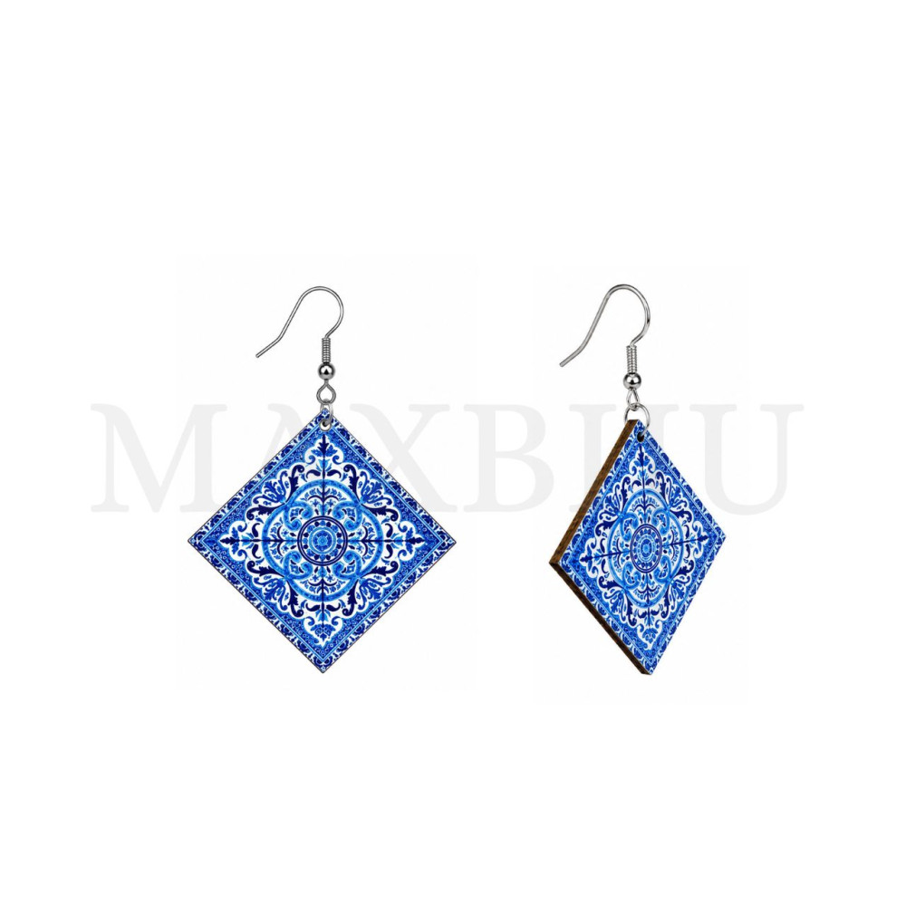Wooden Earring - Portuguese Tile 46x46mm.