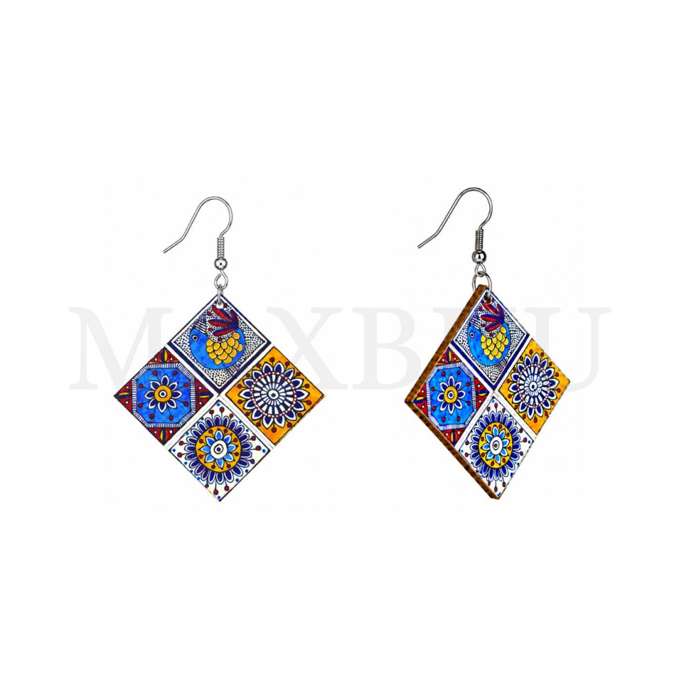 Wooden Earring - Portuguese Tile 46x46mm.