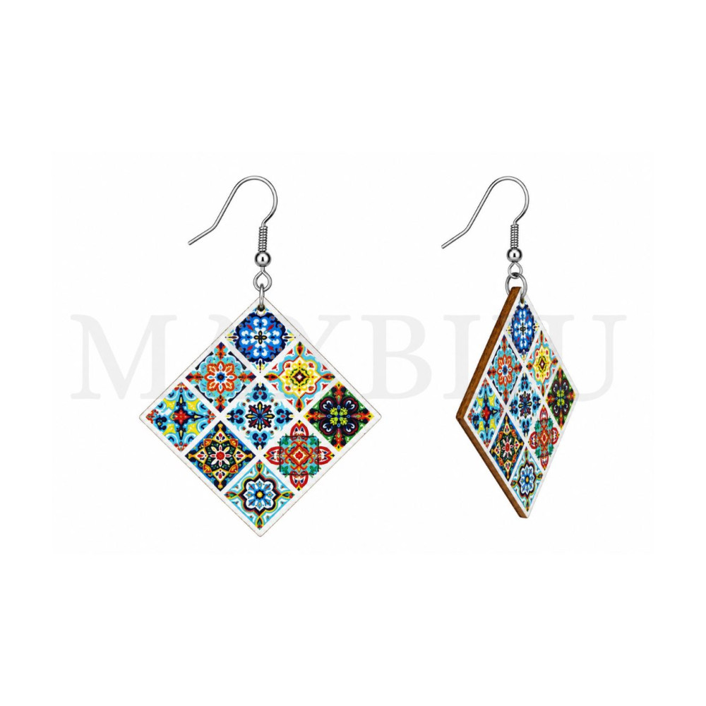 Wooden Earring - Portuguese Tile 46x46mm.