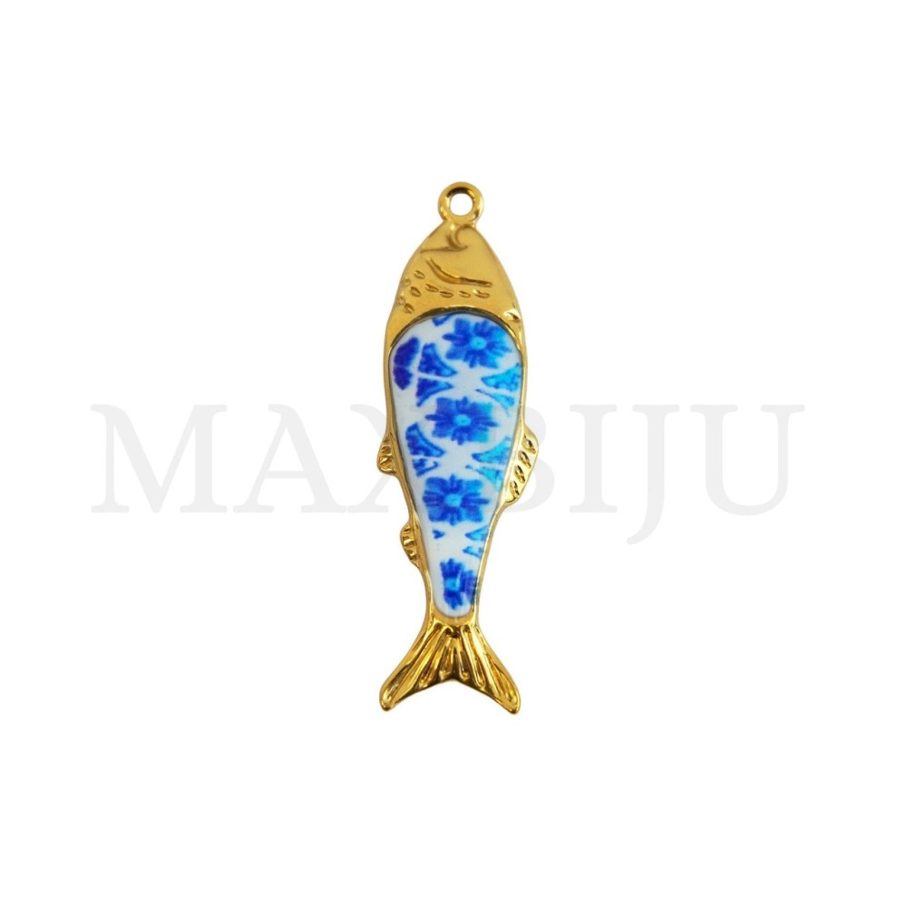 Portuguese Tile-Style Stainless Steel Pendant - Fish 13x43mm