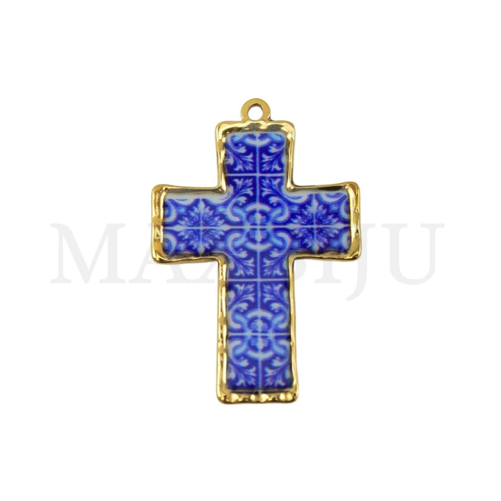 Portuguese Tile-Style Stainless Steel Pendant - Cross 21x33mm