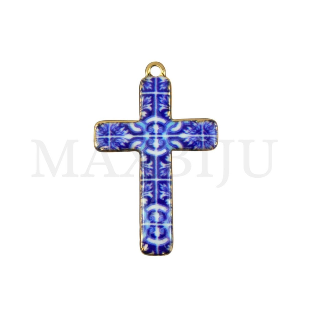 Portuguese Tile-Style Stainless Steel Pendant - Cross 19x29mm