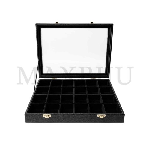 Imitation Leather Jewelry Tray with Clear Lid 35x24cm and 24 Grids