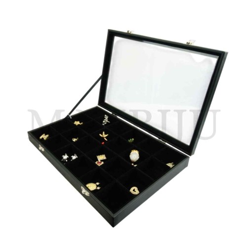 Imitation Leather Jewelry Tray with Clear Lid 35x24cm and 24 Grids