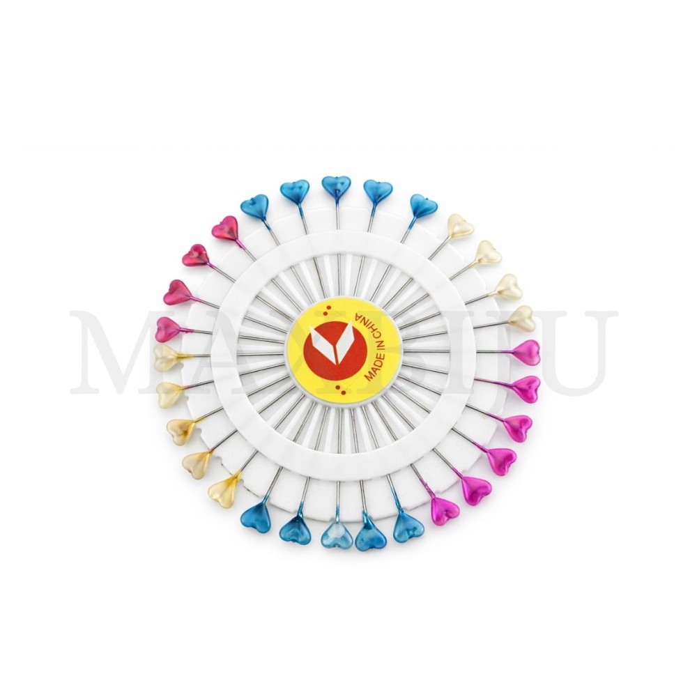Pack of coloured heart-shaped pins.